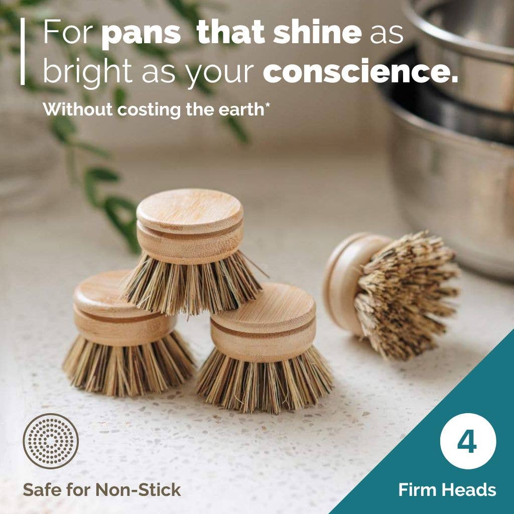 Dish Brush Head Replacements | Eco Bamboo (Pack of 4) : Set of 4 Brush Heads (Firm Fibres)