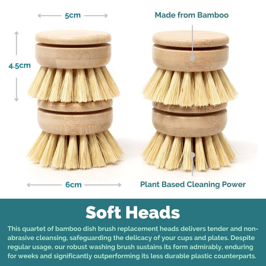 Dish Brush Head Replacements | Eco Bamboo (Pack of 4) : Set of 4 Brush Heads (Firm Fibres)