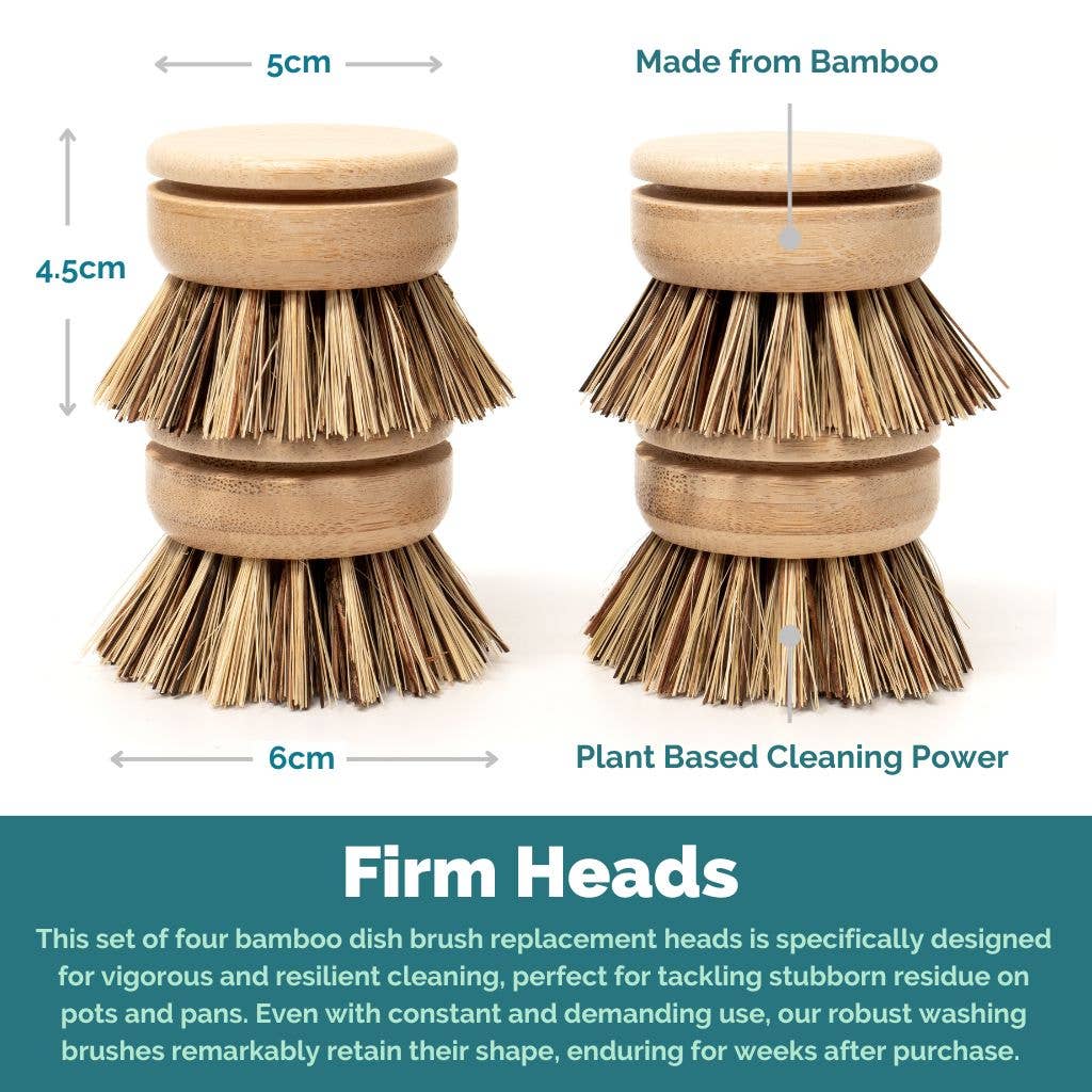 Dish Brush Head Replacements | Eco Bamboo (Pack of 4) : Set of 4 Brush Heads (Firm Fibres)