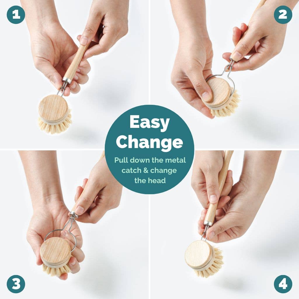 Dish Brush Head Replacements | Eco Bamboo (Pack of 4) : Set of 4 Brush Heads (Firm Fibres)