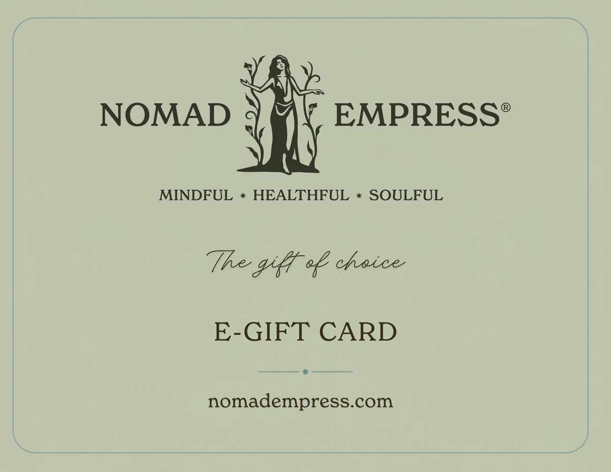 Nomad Empress e-gift card with official logo and The gift of choice on a Flora background