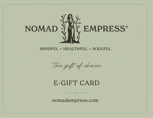 Nomad Empress e-gift card with official logo and The gift of choice on a Flora background