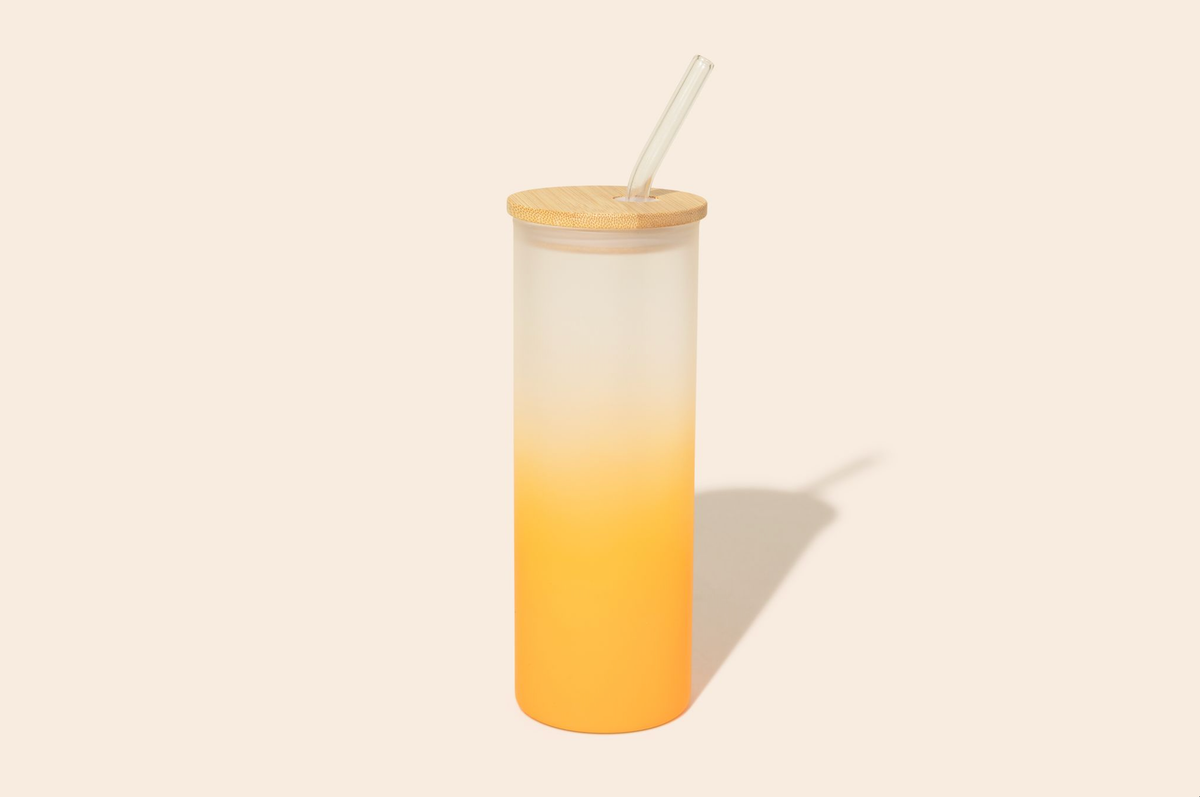 Tall Reusable Glass Cup & Straw with Bamboo Lid | Orange